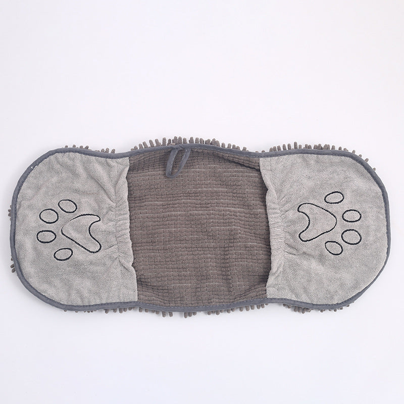 Grey chenille pet drying towel laid flat with hand pockets at both ends